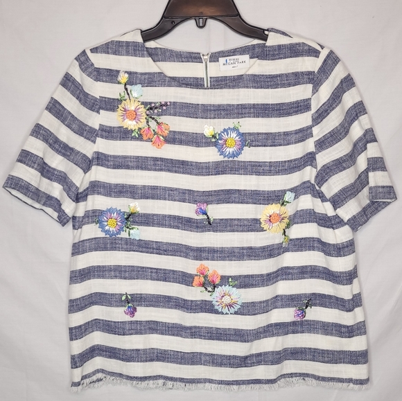 Megan Park Tops - MEGAN PARK Linen Blend Women's Striped Floral Embroidered Short Sleeve Top SMALL